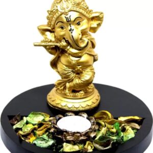 Lord Ganesha Statue with Tealight Holder Wooden Base Decorative Showpiece.