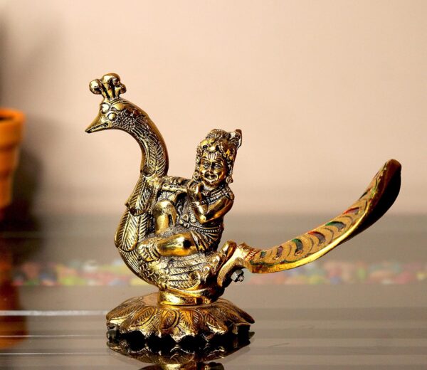 Laddu Gopal Playing Basuri On Peacock Decorative Showpiece