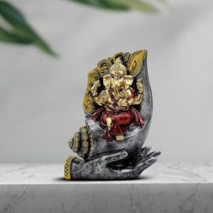 Decorative-Lord-Ganesha-Statue-on-Palm-Hand-Gold-and-Red.