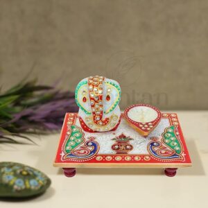 Marble-Chowki-Ganesha-with-Diya-for-Pooja.