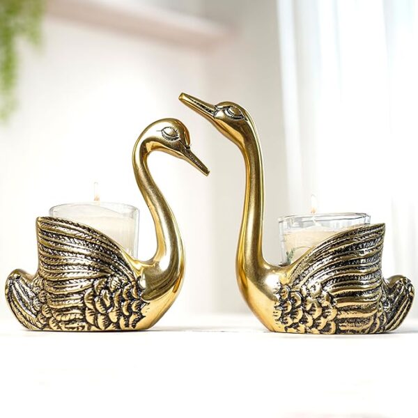 Pair of Swan Candle Holder & Candles Combo Gift Hamper, Festive Gifting Showpiece for Valentine's Day