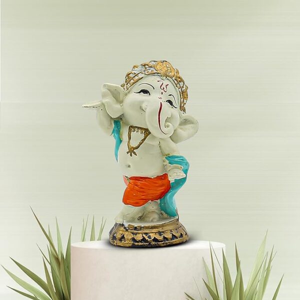 Ganesha Idol Statue White and Orange with Gold-Accented Base