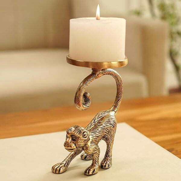 Monkey Pillar Candle Holder Stand for Home Decor | Tabletop Showpiece in Aluminium with Brass Finish