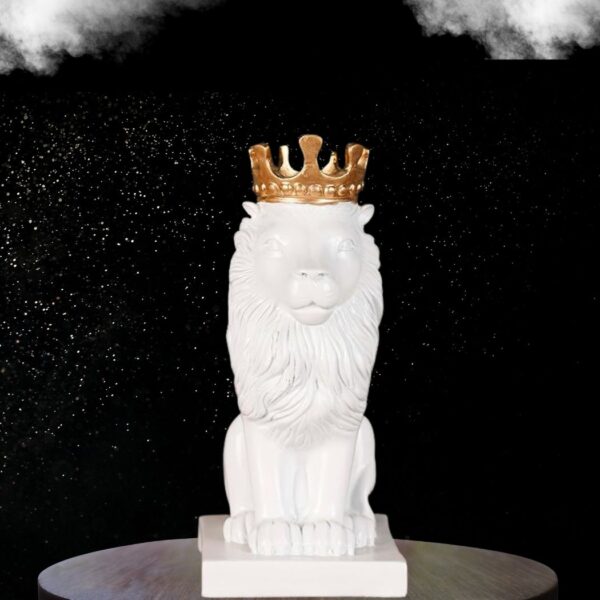 Lion Statue with Gold Crown, King of The Forest Lion Statue,Glod Crown Lion Figurine (White)